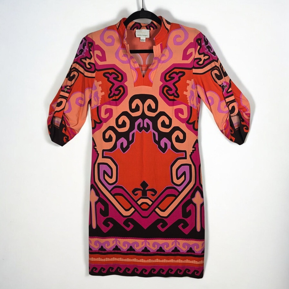 Donna Morgan Dress Orange Pink Black Geometric Print V Neck 3/4 Sleeve‎ Woman 4
